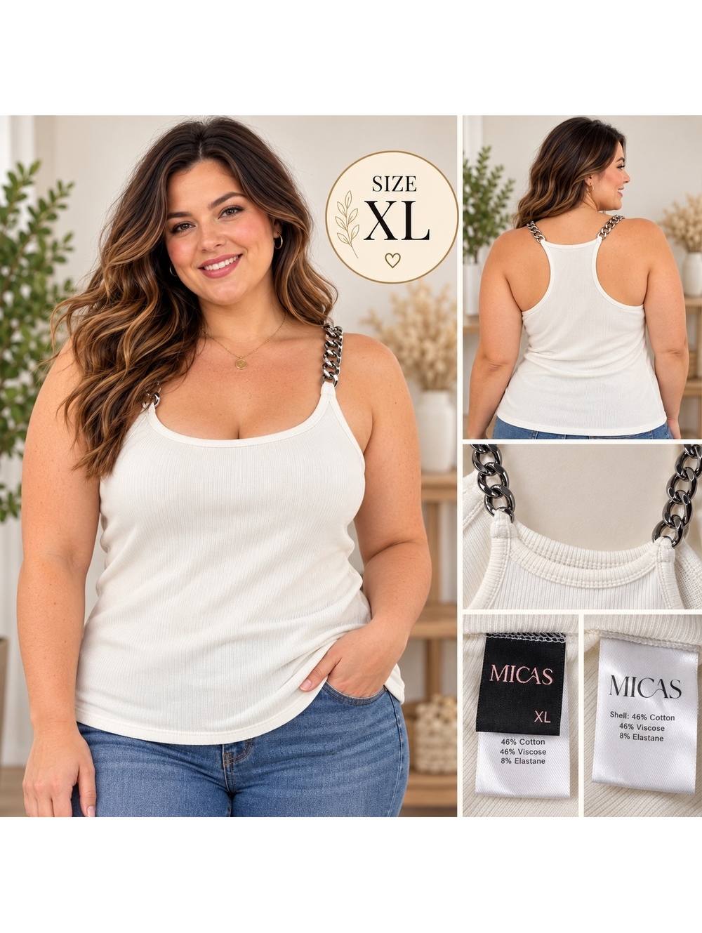 Micas White Chain Strap Tank Top XL
